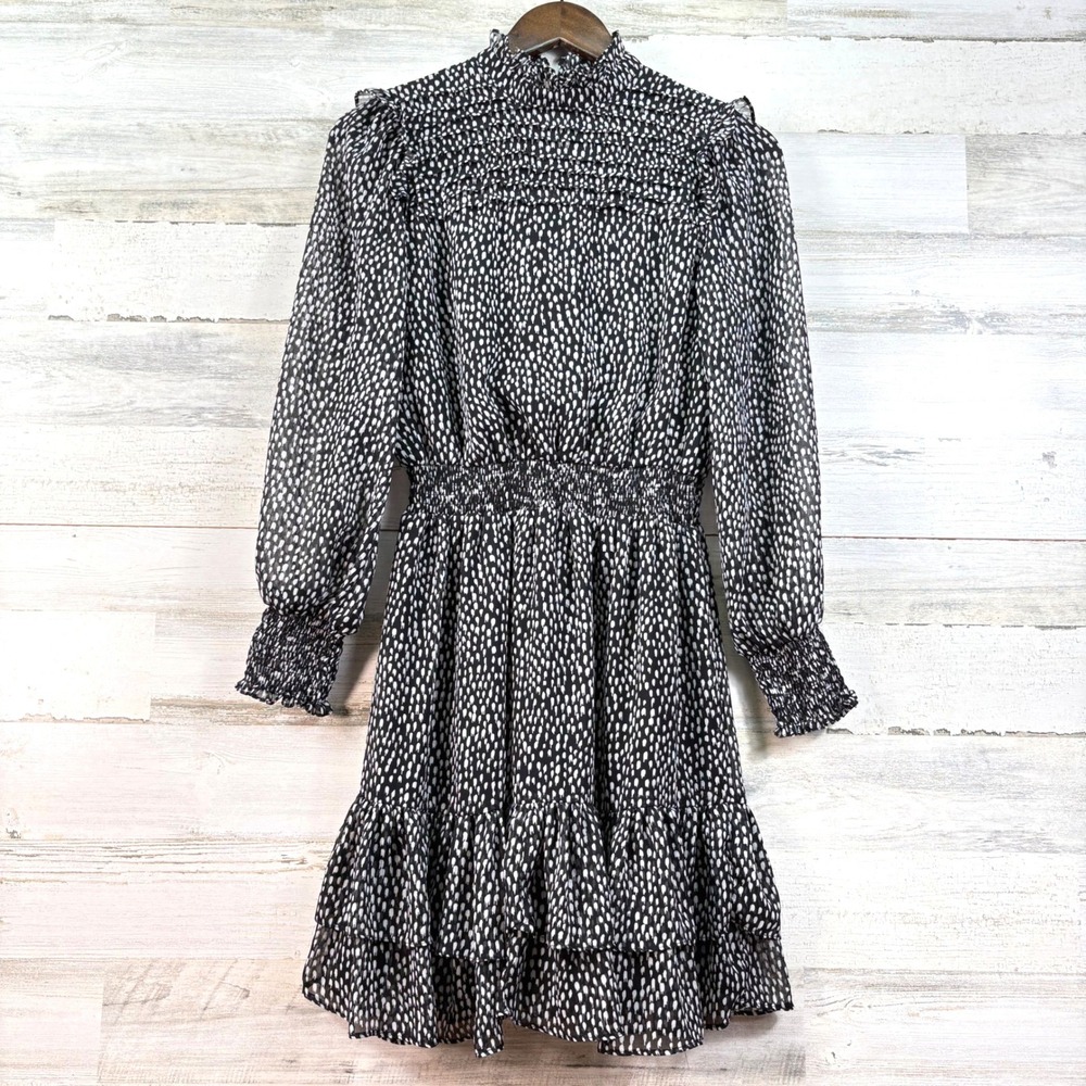 MSK Small Black White Chiffon Cottage Print Mock Neck Smocked Ruffle Mini Dress
